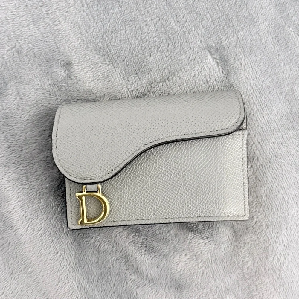 Dior Saddle Flap Card Holder Grained Calfskin Gray